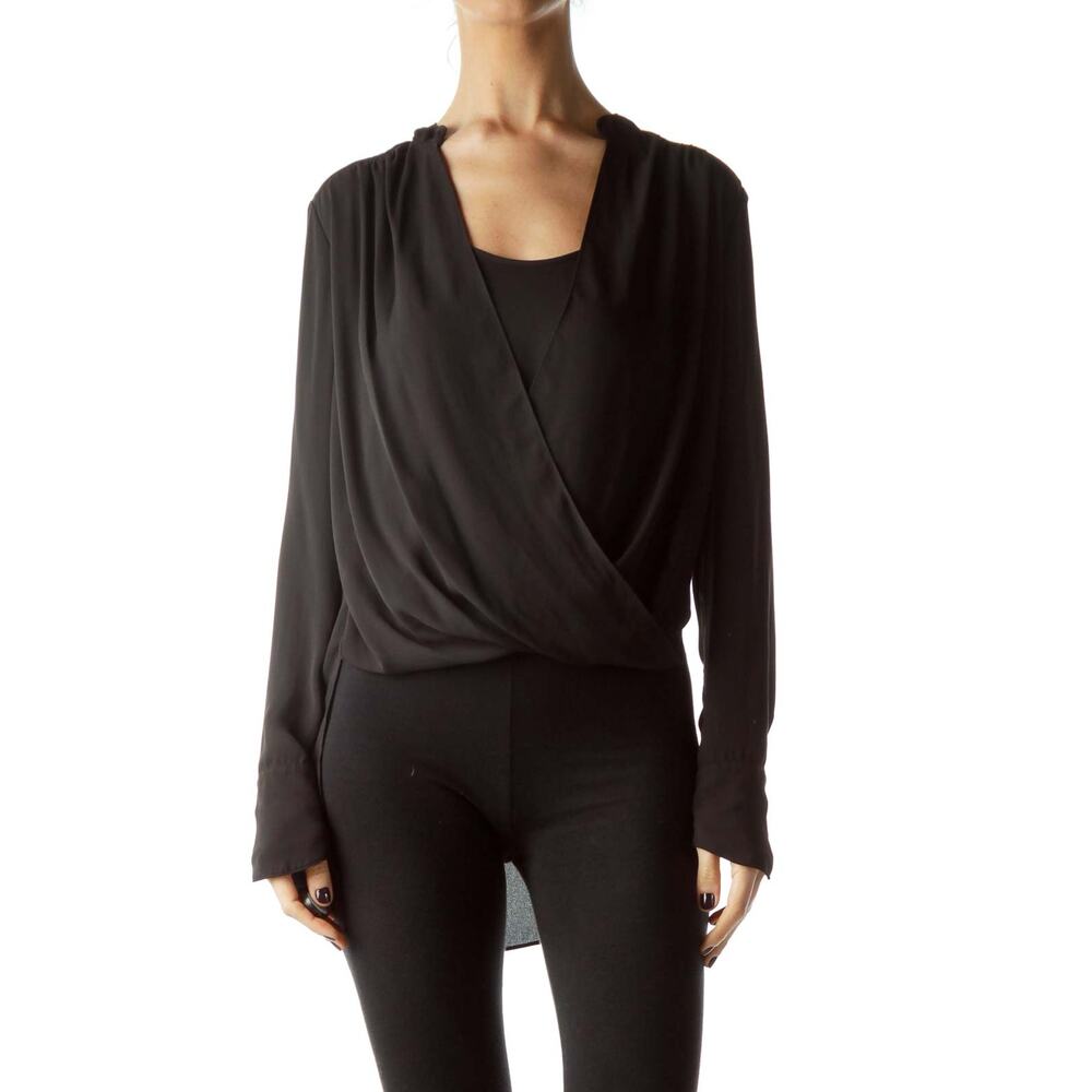 BCBG MaxAzria Women's Splice High-Low Sheer Blouse Black Long Sleeve Size Small‎